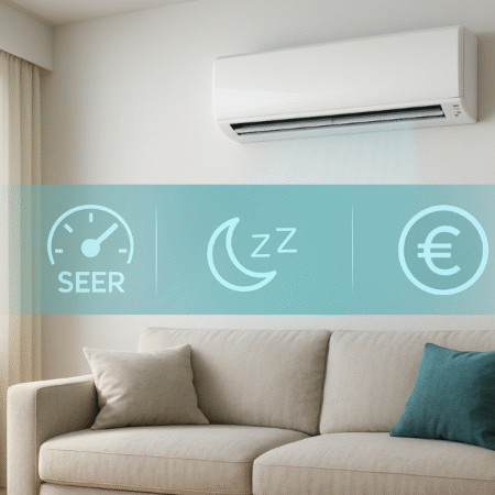 Split 3,5 kW para 30–40 m²: ruido (dB(A)), SEER y coste €/mes