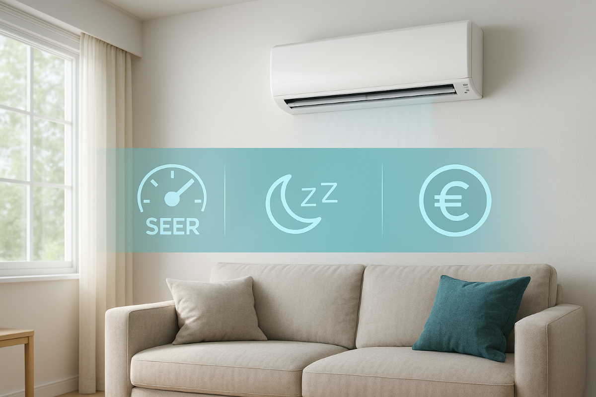 Split 3,5 kW para 30–40 m²: ruido (dB(A)), SEER y coste €/mes