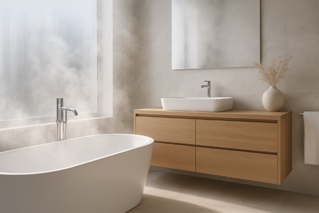 climatiza bien tu baño este invierno. Bañera de baño con agua caliente, vapor de agua saliendo de la bañera.